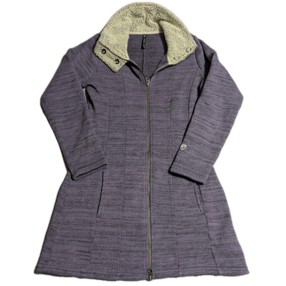 Kuhl Alaska Long Sweater Womens XS Purple Sherpa Fleece Full Zip Knit Jacket - Picture 1 of 9